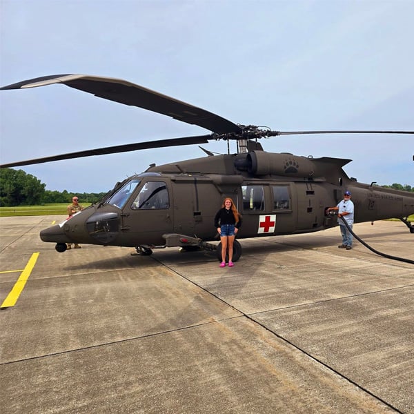 Military medical helicopter parked on the ramp at Michigan City Municipal Airport