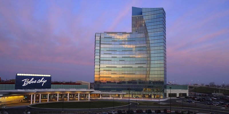 Blue Chip Casino and hotel exterior in Michigan City, Indiana Blue Chip Casino and hotel exterior in Michigan City, Indiana